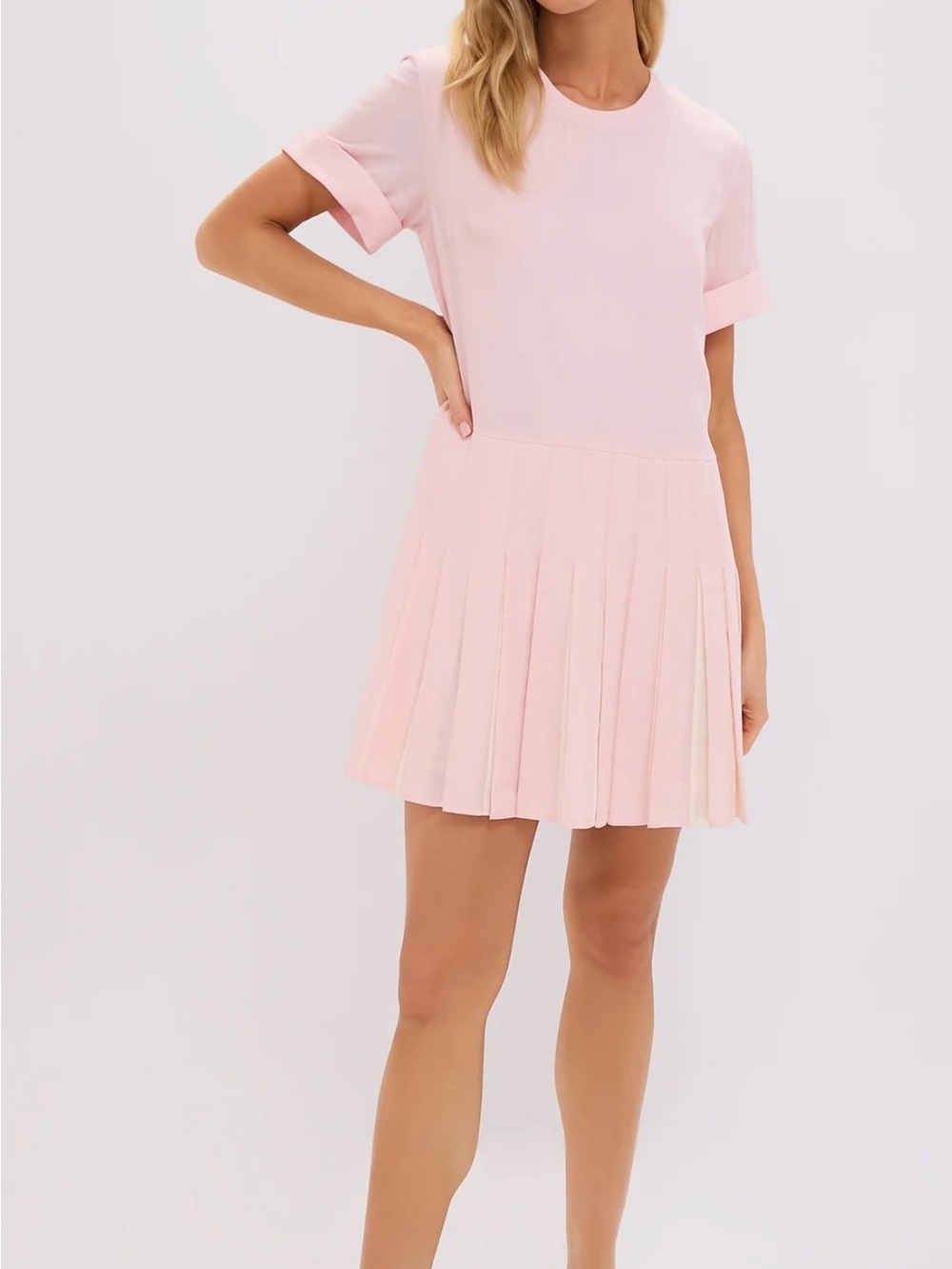 Tuckernuck Ballet pleated Liza dress with short cuffed sleeves Pale Pink Size L